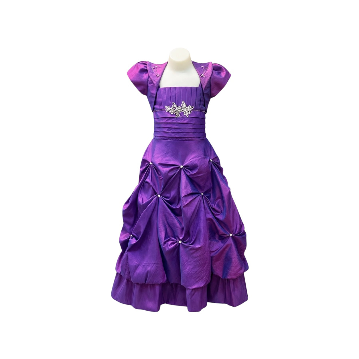 Purple Ruched Satin Gown with Rhinestone Appliqué & Matching Bolero