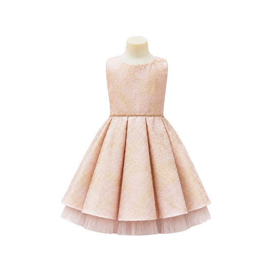 Jolene Blush Gold Detail Floral Pleated Jacquard Dress with Crystal Tulle