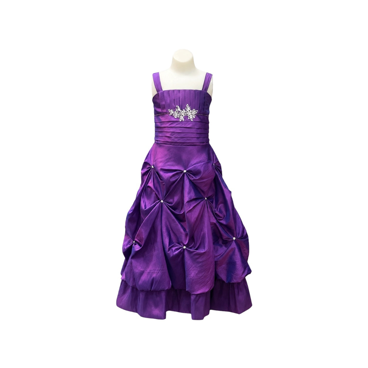 Purple Ruched Satin Gown with Rhinestone Appliqué & Matching Bolero