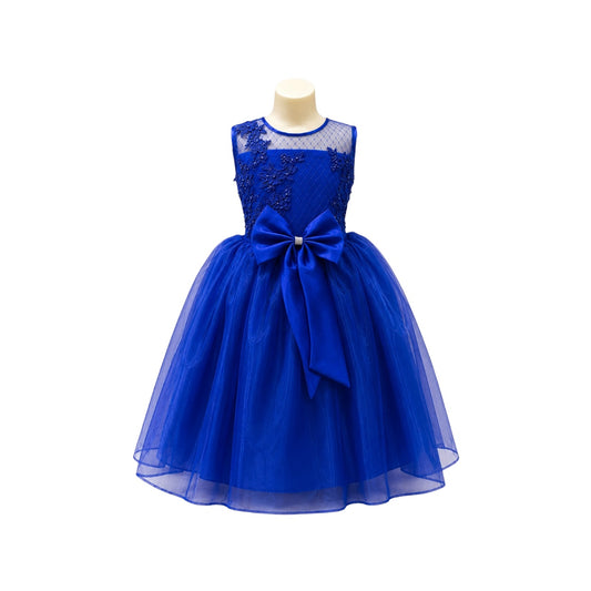 Fancy Kids Royal Blue Floral Embroidered Tulle Dress with Beaded Bodice & Satin Bow