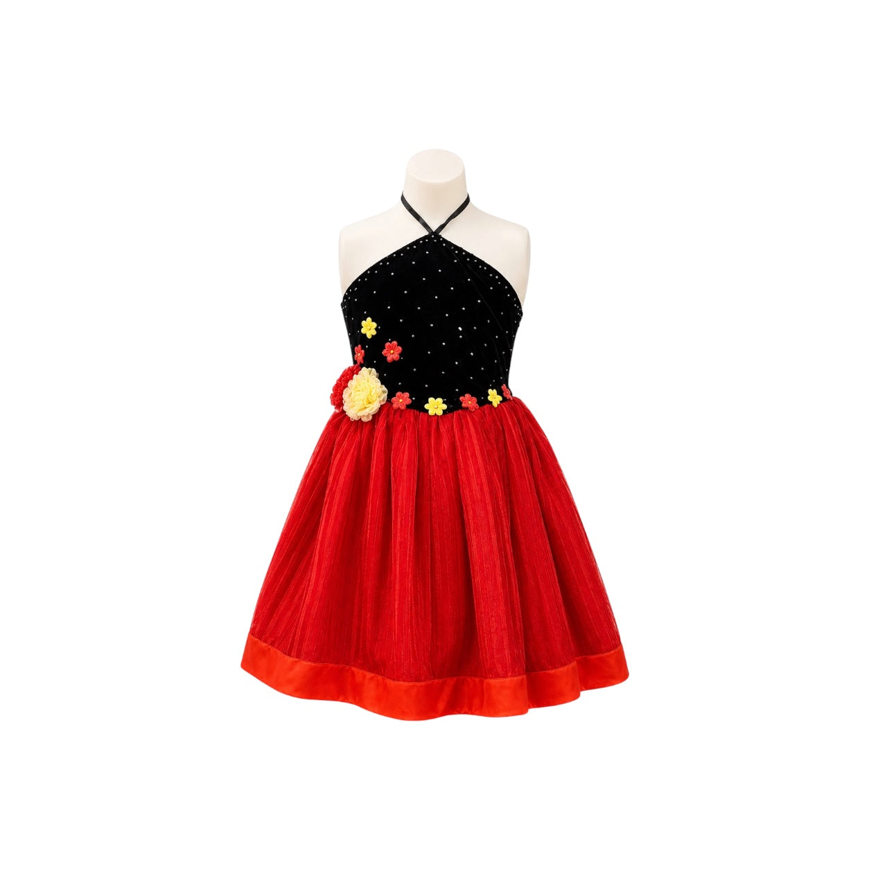 Black & Red Sparkle Halter Dress with Floral Appliqués