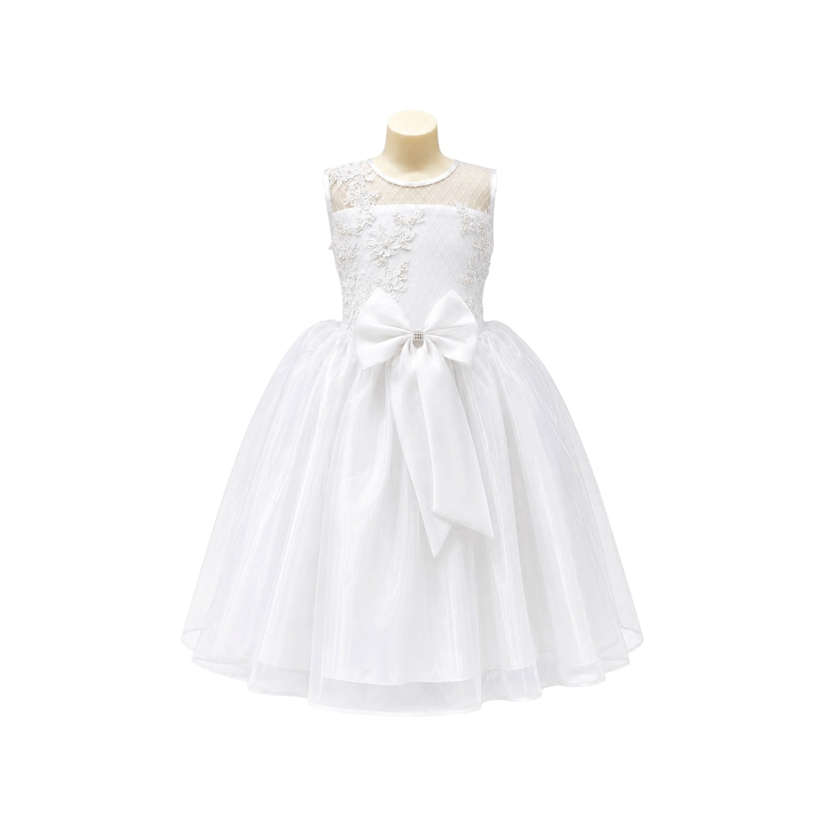 Fancy Kids White Floral Embroidered Tulle Dress with Beaded Bodice & Satin Bow