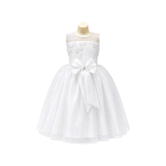 Fancy Kids White Floral Embroidered Tulle Dress with Beaded Bodice & Satin Bow