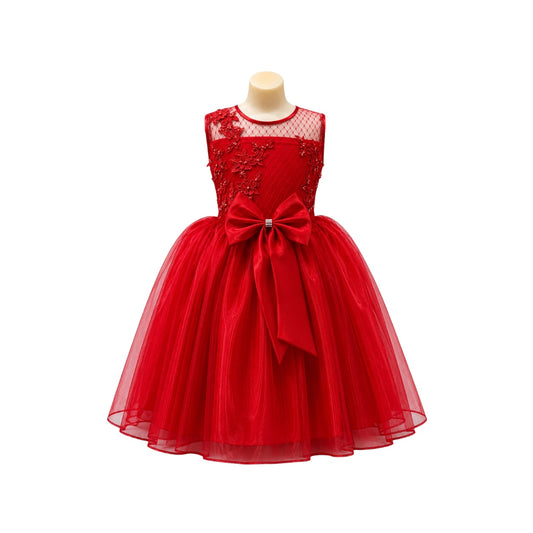Fancy Kids Red Floral Embroidered Tulle Dress with Beaded Bodice & Satin Bow