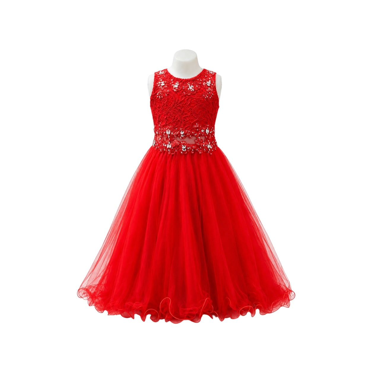Girls' Red Lace & Tulle Dress with Rhinestone Embellishments & Matching Shawl