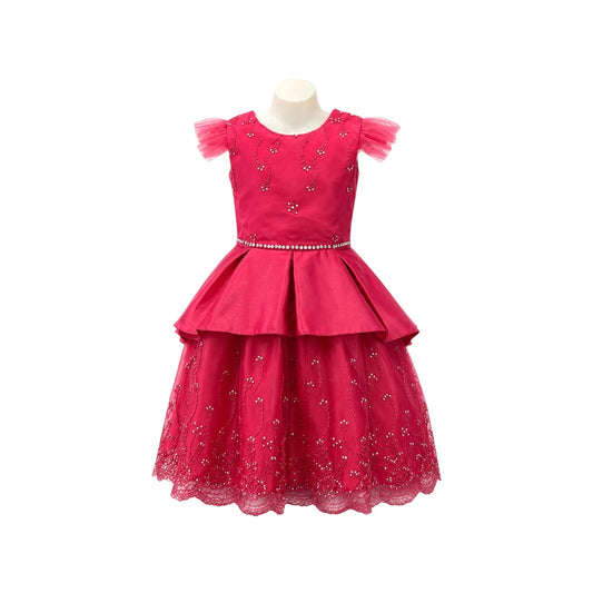 Fuchsia Embroidered Satin Dress with Layered Waist Overlay & Rhinestone Trim