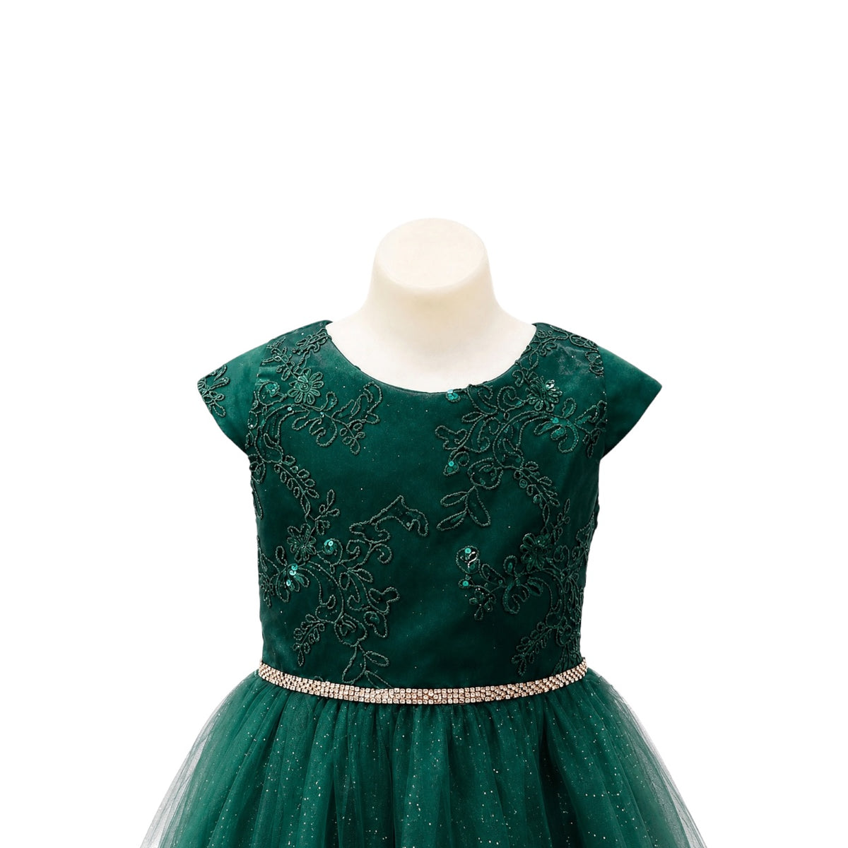 Cap Sleeve Emerald Green Floral Embroidered Glitter Tulle Dress with Rhinestone Waist