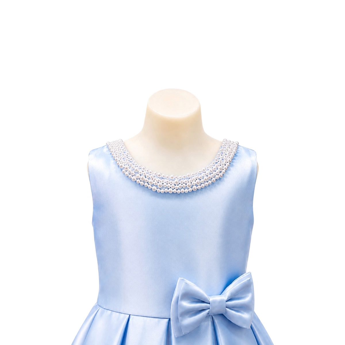 Light Blue Satin Dress with Pearl Neckline & Bow Detail