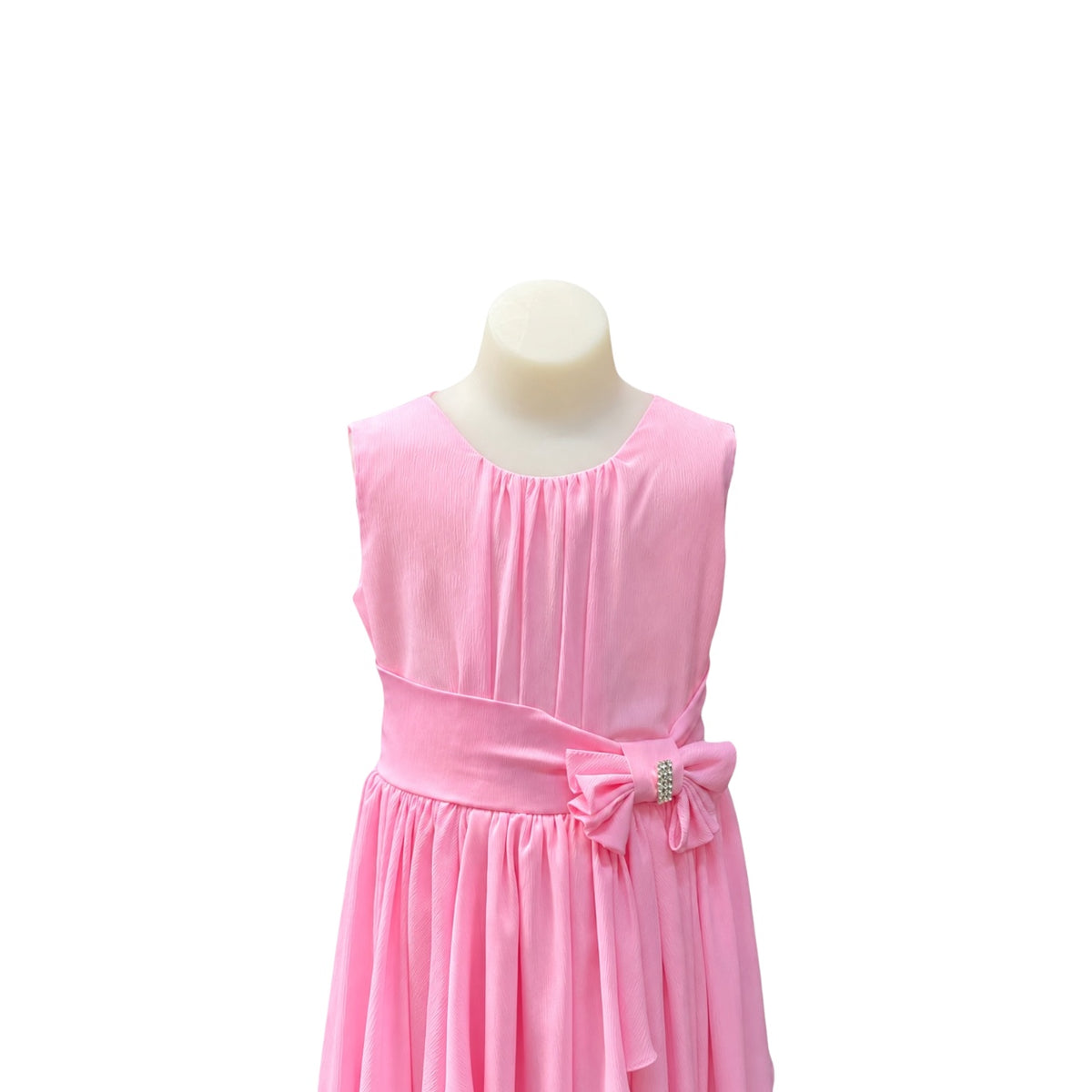 Sleeveless Pink Cascading Ruffle Dress with Rhinestone Bow
