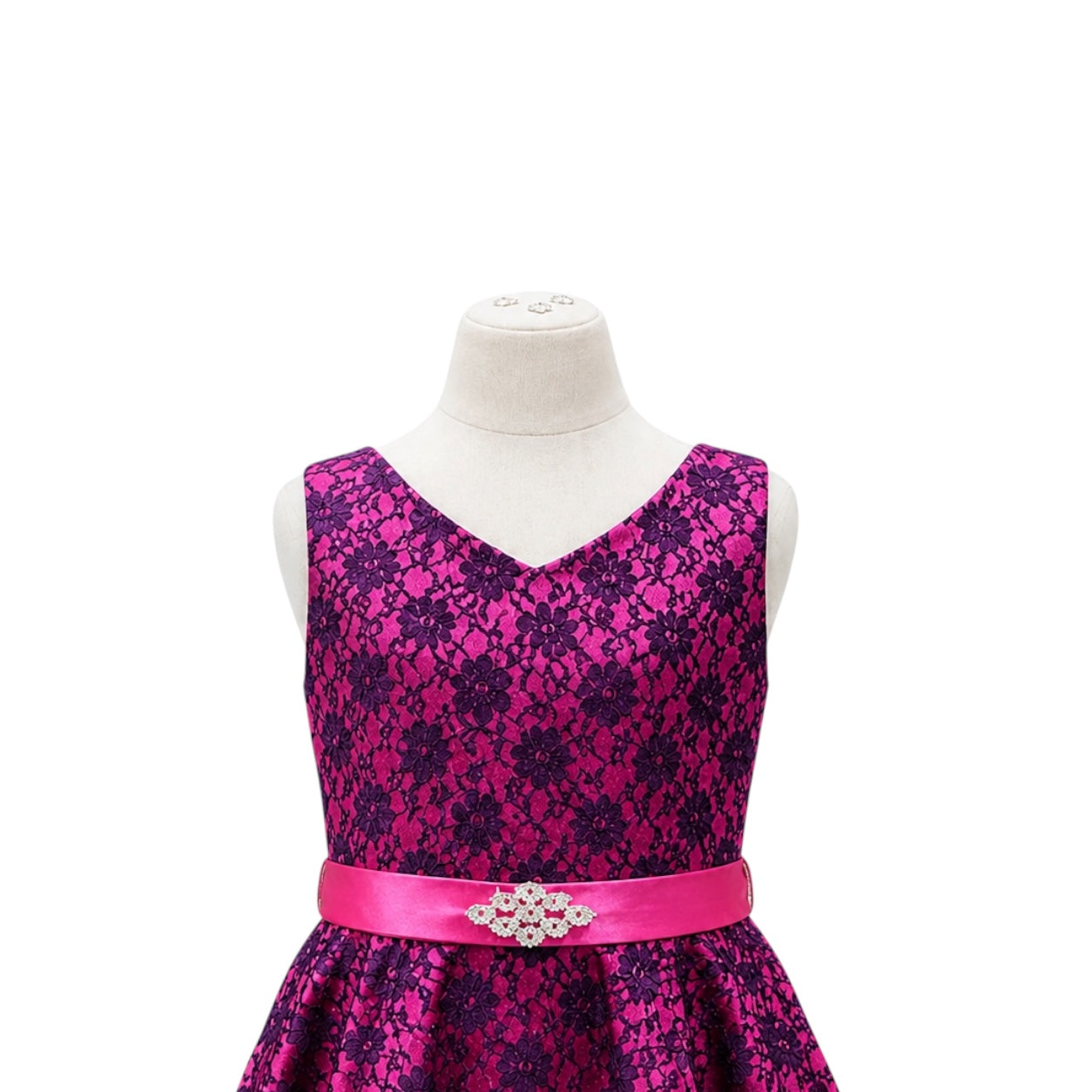 Sleeveless Fuchsia & Navy Lace Ankle-Length Dress with Rhinestone Sash (Size 16)