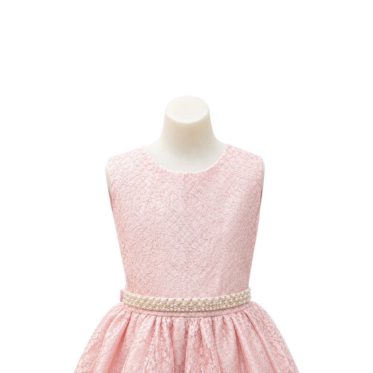 Blush Pink Floral Lace High-Low Girls' Formal Dress with Pearl Waistband & Satin Bow Back (Size 10)