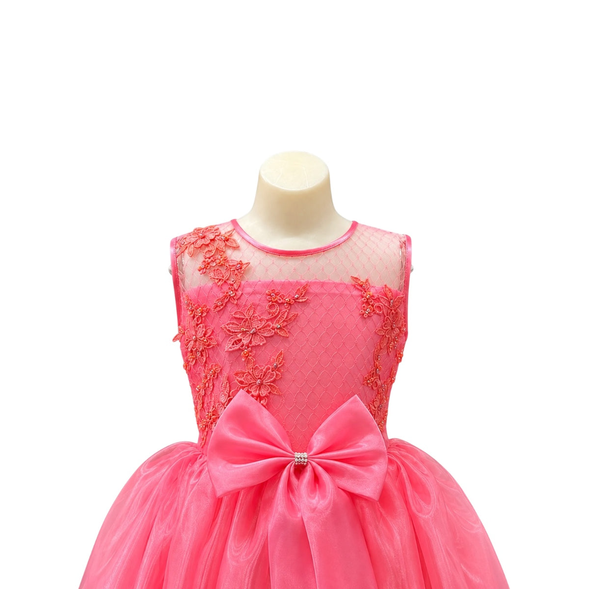 Fancy Kids Coral Floral Embroidered Tulle Dress with Beaded Bodice & Satin Bow