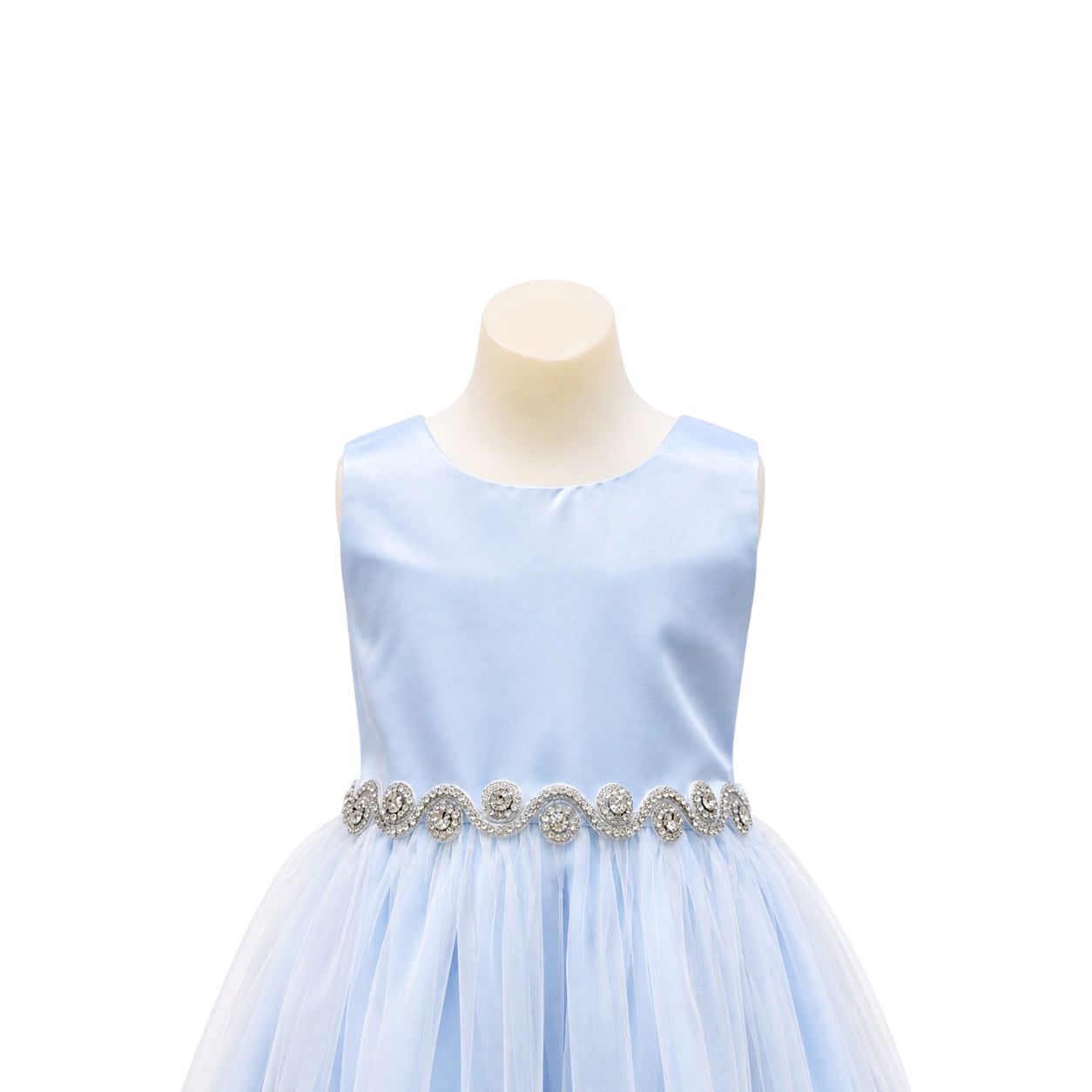 Light Blue Satin & Tulle Dress with Rhinestone Swirl Waist (Size 6)