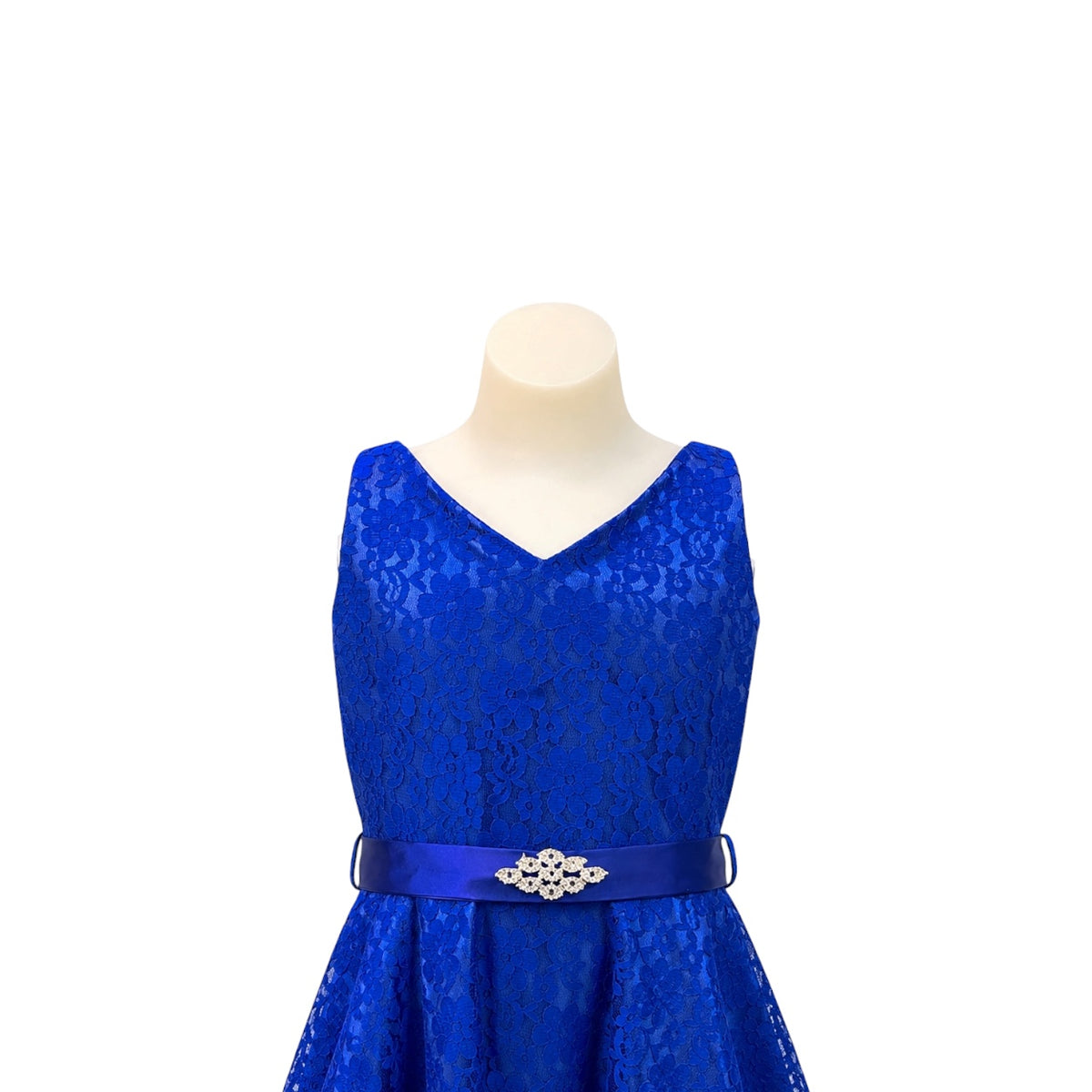 Sleeveless Royal Blue Lace Ankle-Length Dress with Rhinestone Sash (Size 16)