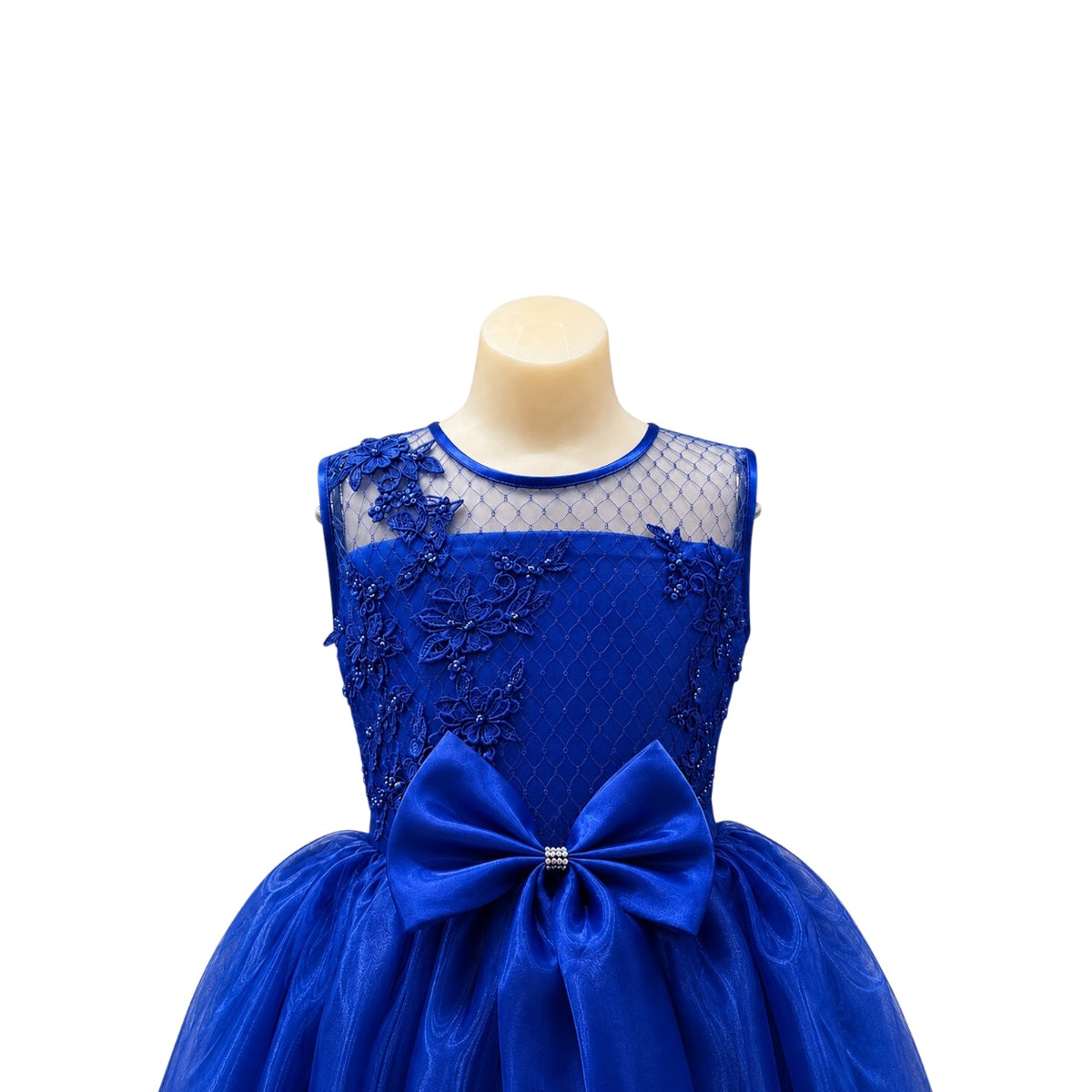 Fancy Kids Royal Blue Floral Embroidered Tulle Dress with Beaded Bodice & Satin Bow