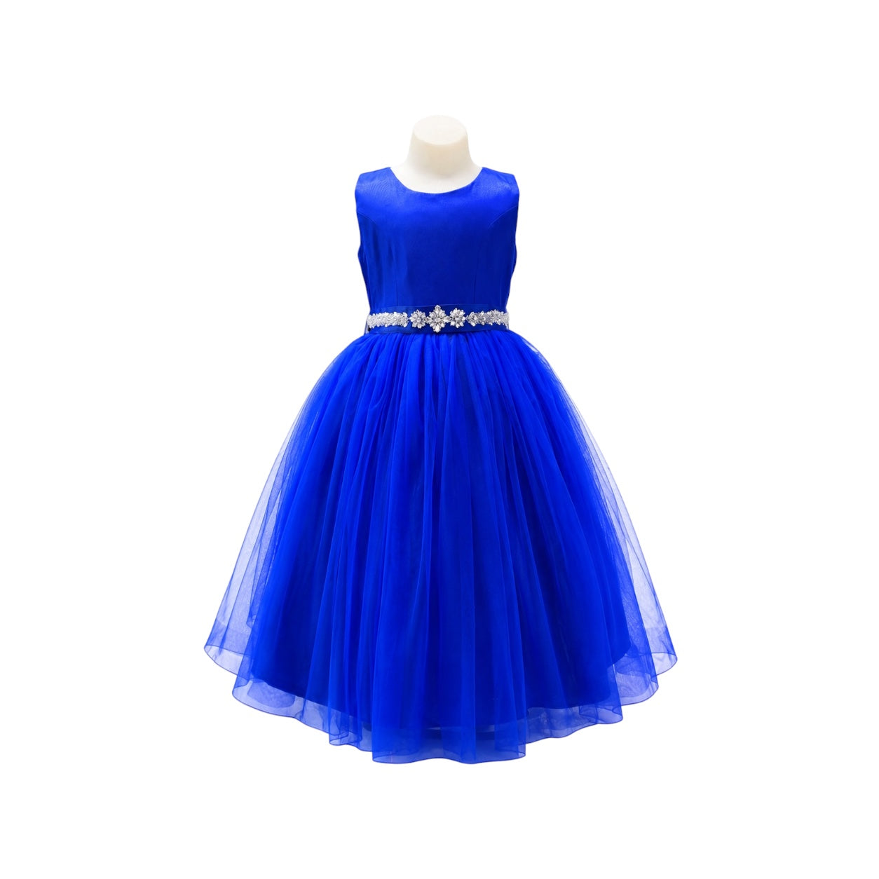 Girls' Royal Blue Satin & Tulle Dress with Rhinestone Beaded Sash
