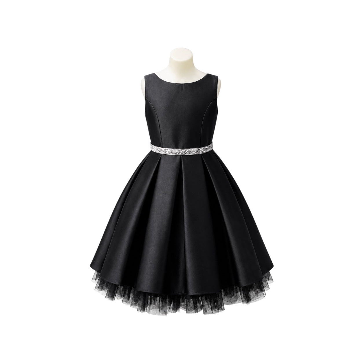 Girls' Black Satin Pleated Dress with Rhinestone Waist & Tulle Hem