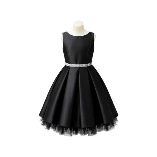 Girls' Black Satin Pleated Dress with Rhinestone Waist & Tulle Hem