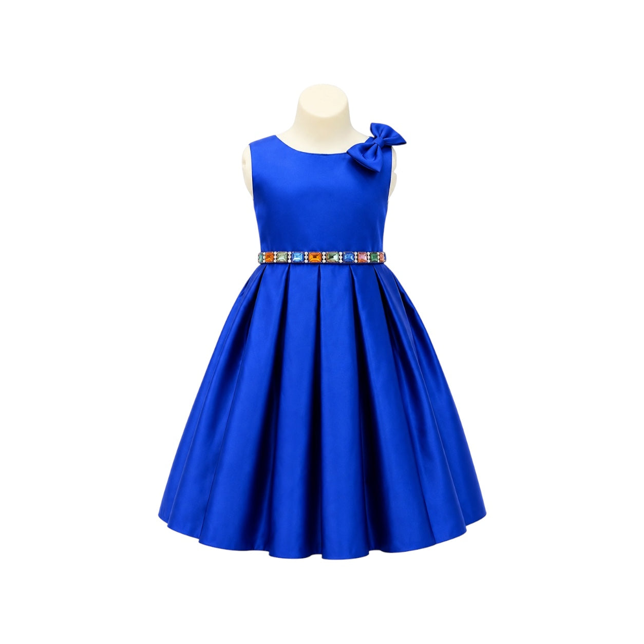 Royal Blue Satin Dress with Shoulder Bow & Multicolor Rhinestone Waist (Size 4)
