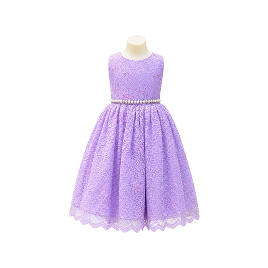 Girls Lavender Glitter Embroidered Lace Tea-Length Dress with Pearl & Rhinestone Waist