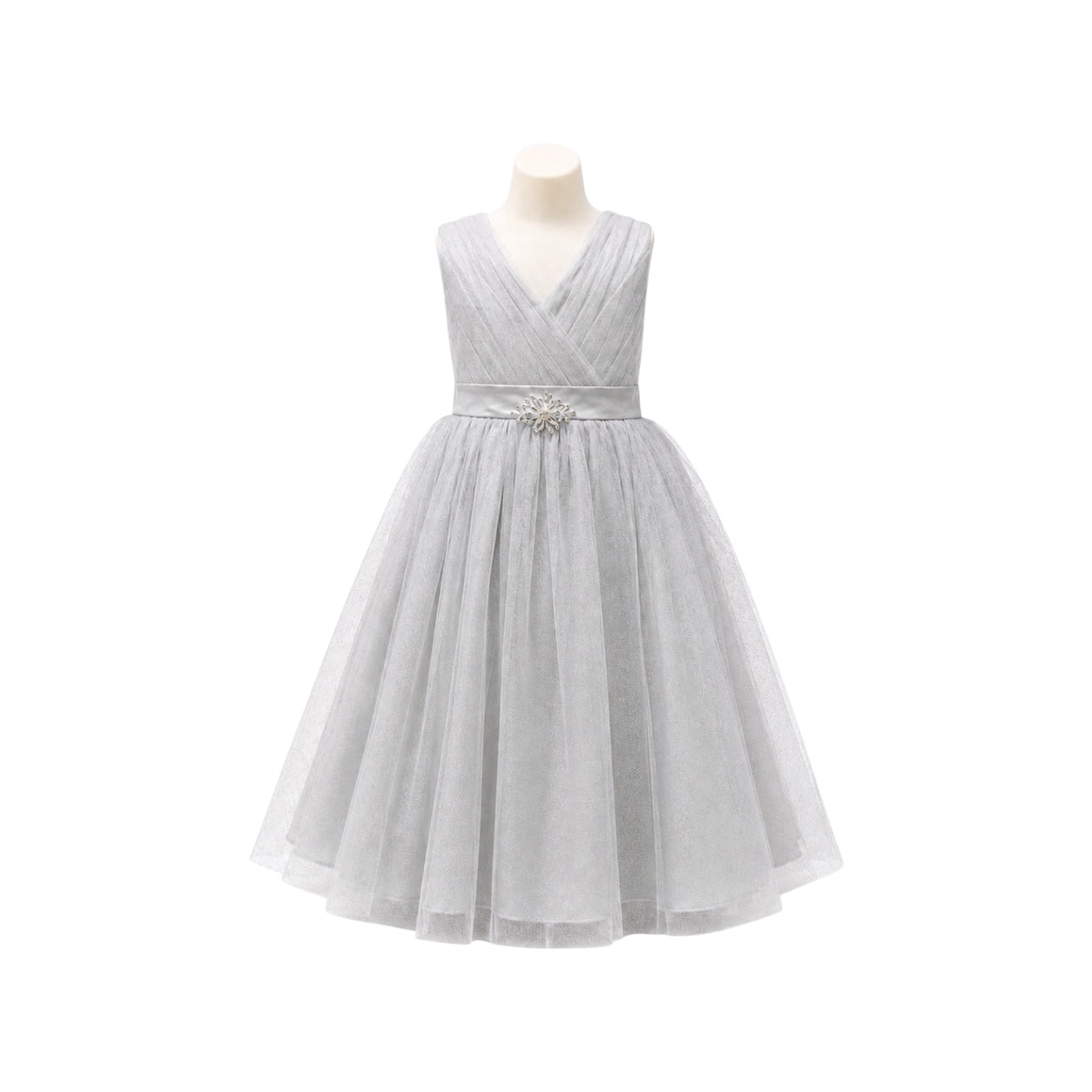 Silver Glitter Tulle Dress with Pleated V-Neck & Rhinestone Brooch (Size 16)