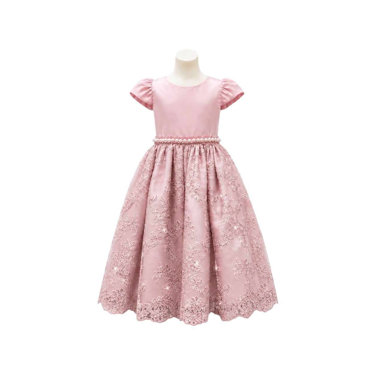 Girls' Dusty Pink Satin Dress with Embroidered Lace Skirt & Pearl Belt