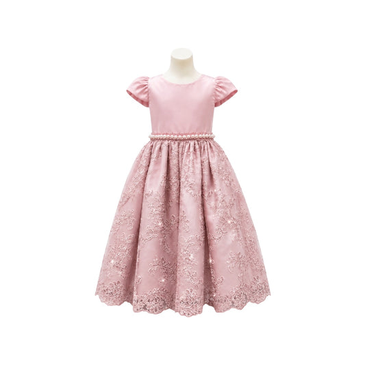Girls' Dusty Pink Satin Dress with Embroidered Lace Skirt & Pearl Belt