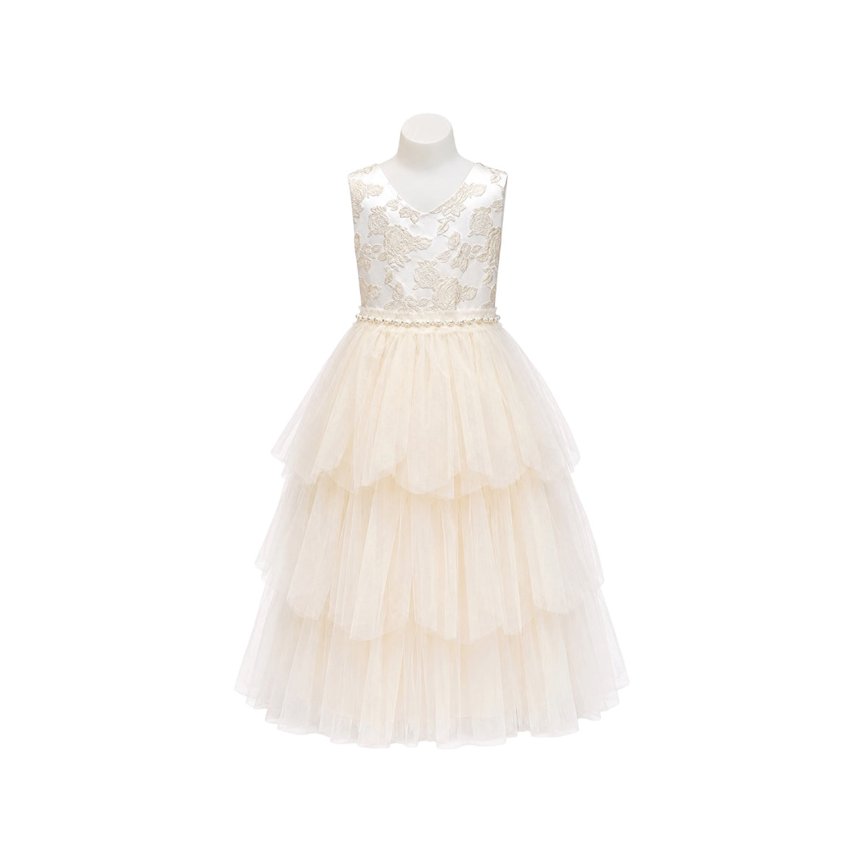 Champagne Floral Embroidered Tiered Tulle Dress with Pearl Waist  (Size 2)