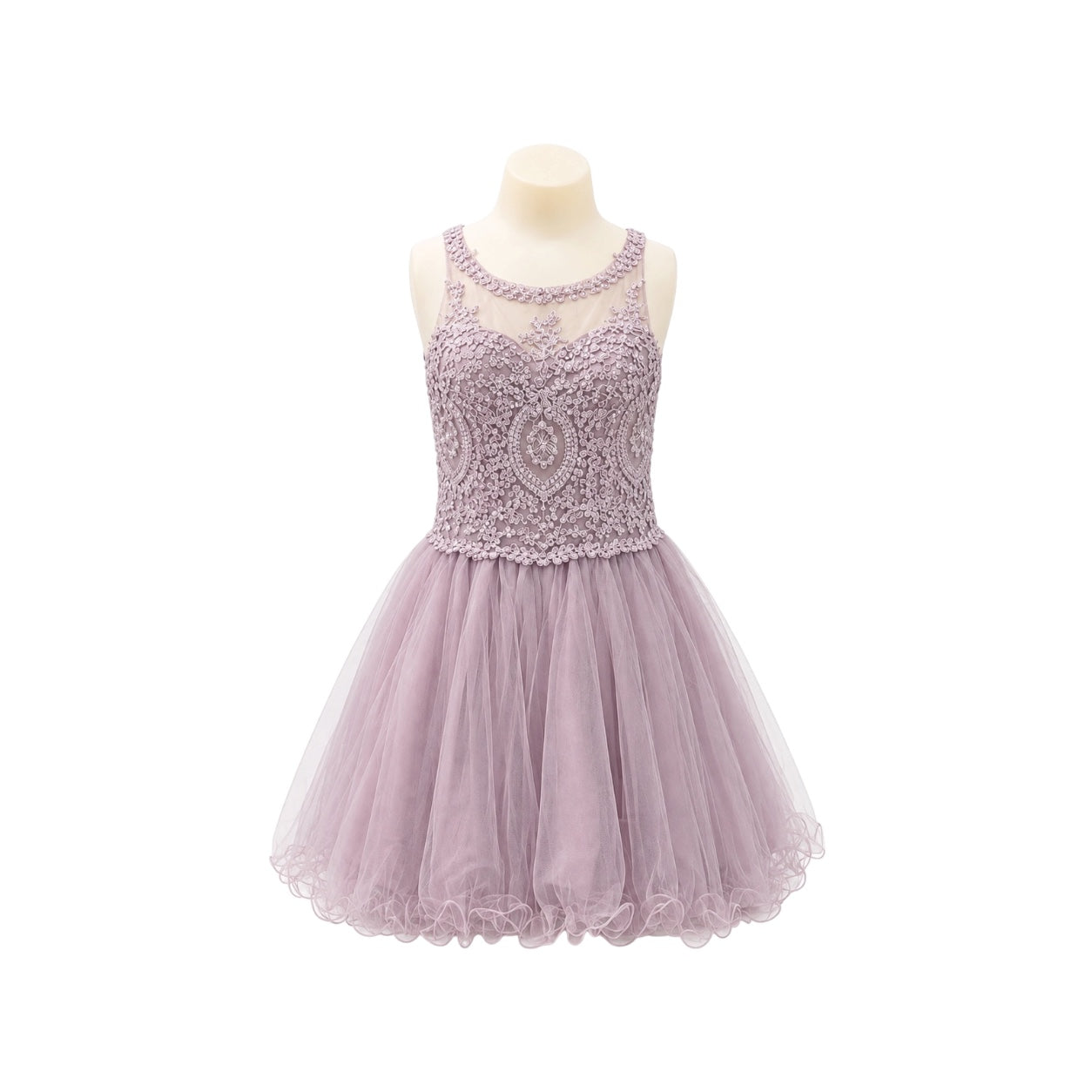 Girls' Mauve Lace Appliqué Tulle Dress with Illusion Bodice & Lace-Up Back