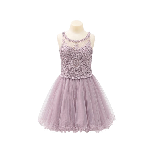 Girls' Mauve Lace Appliqué Tulle Dress with Illusion Bodice & Lace-Up Back