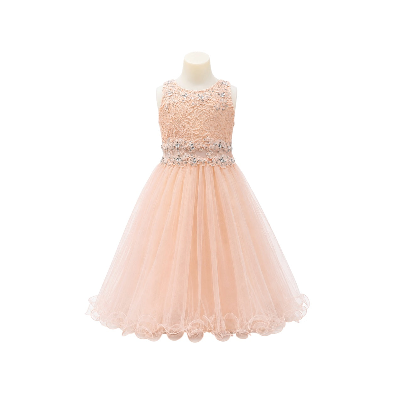Girls' Peach Lace & Tulle Dress with Rhinestone Embellishments & Matching Shawl
