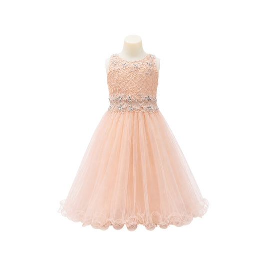 Girls' Peach Lace & Tulle Dress with Rhinestone Embellishments & Matching Shawl