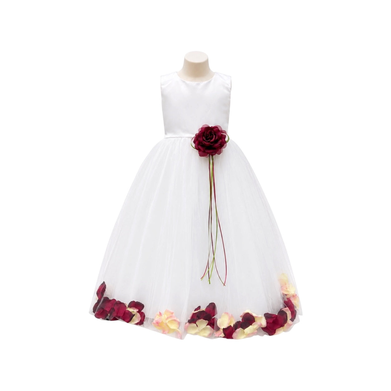 Girls' White Tea-Length Dress with Floating Organza Petals & Rosette Accent