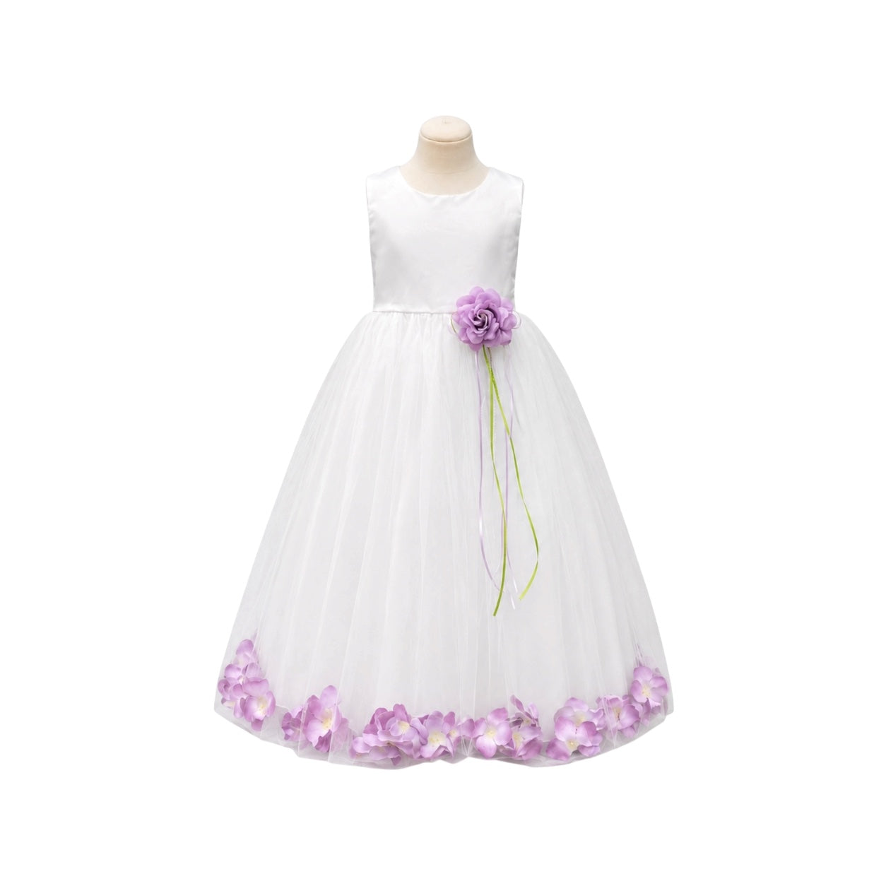 Girls' White Tea-Length Dress with Floating Organza Petals & Rosette Accent