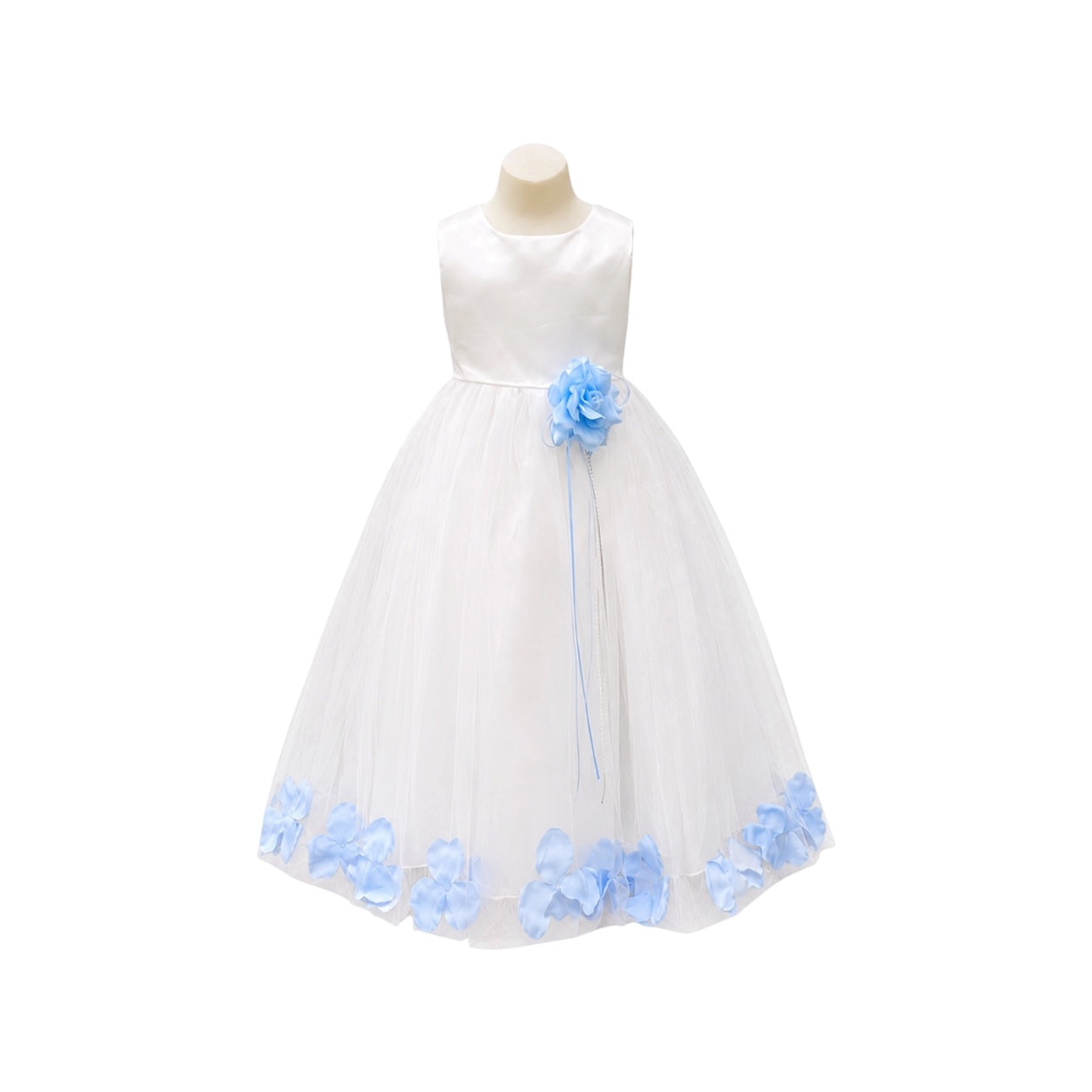 Girls' White Tea-Length Dress with Floating Organza Petals & Rosette Accent