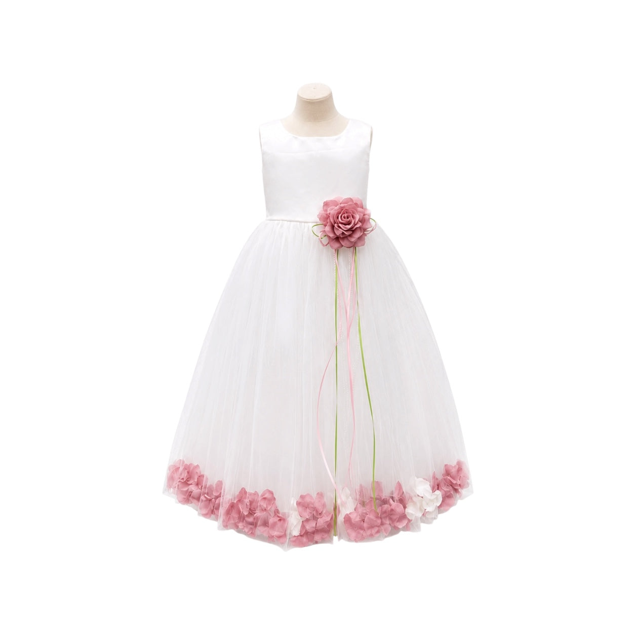 Girls' White Tea-Length Dress with Floating Organza Petals & Rosette Accent