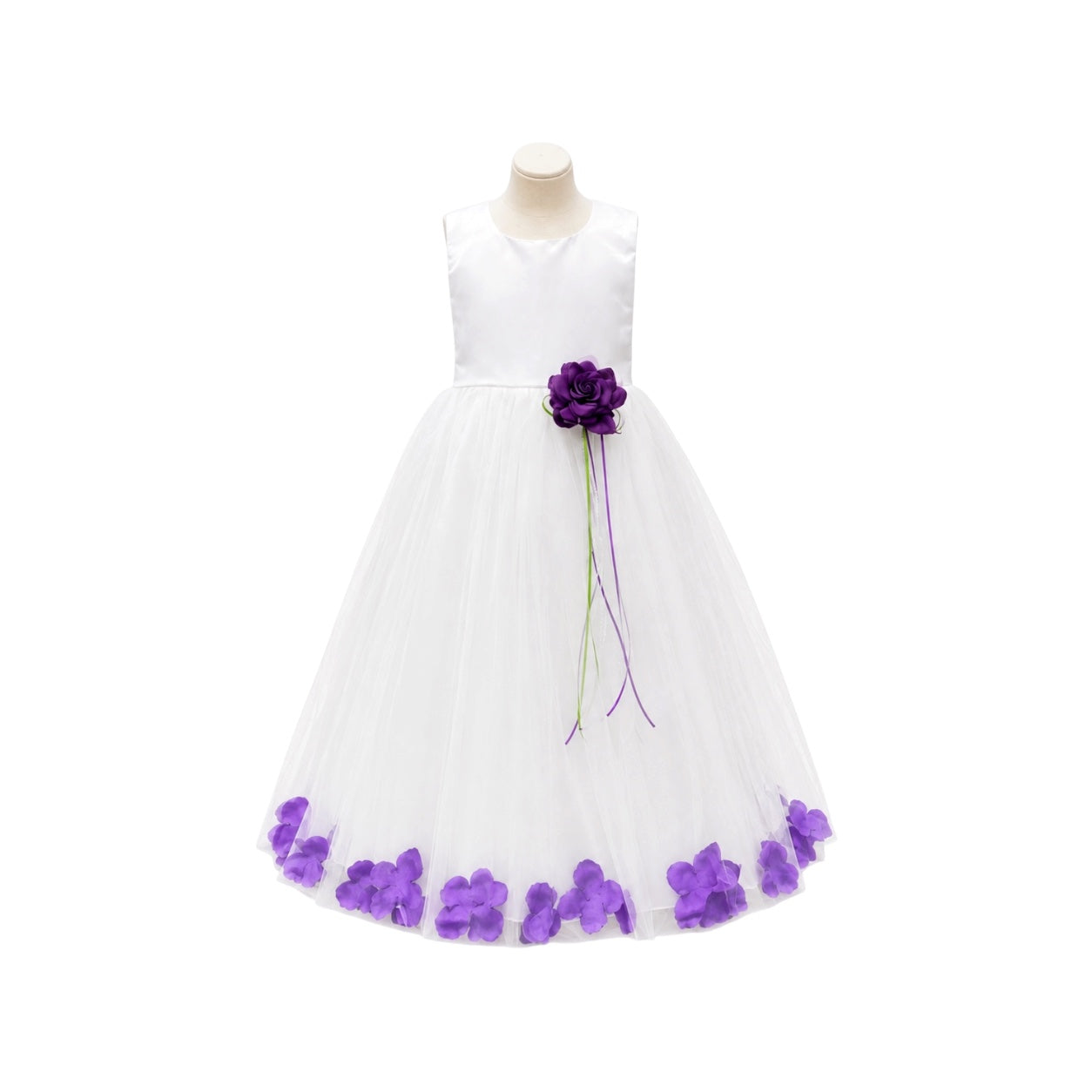 Girls' White Tea-Length Dress with Floating Organza Petals & Rosette Accent