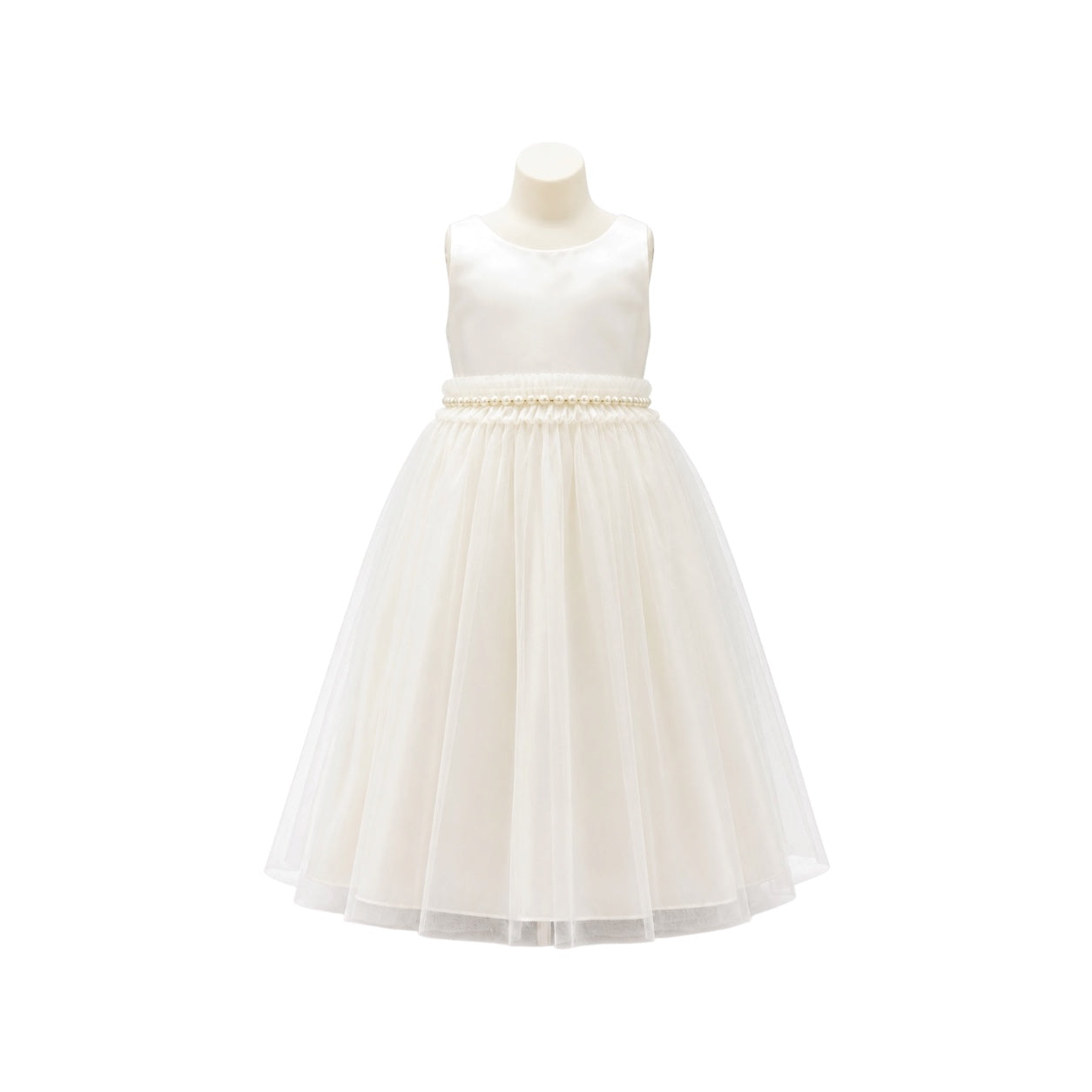 Ivory Tea-Length Satin & Tulle Dress with Pearl Rhinestone Waistband