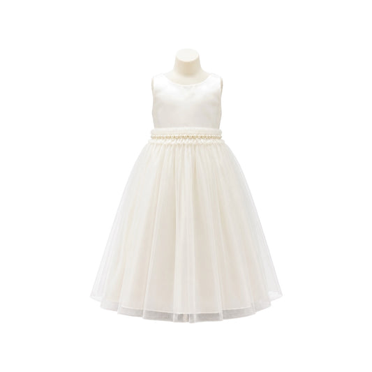 Ivory Tea-Length Satin & Tulle Dress with Pearl Rhinestone Waistband