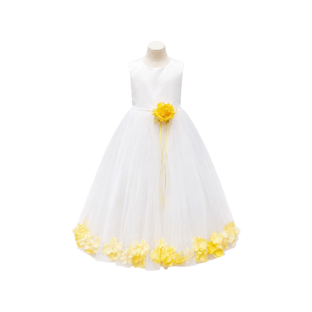 Girls' White Tea-Length Dress with Floating Organza Petals & Rosette Accent