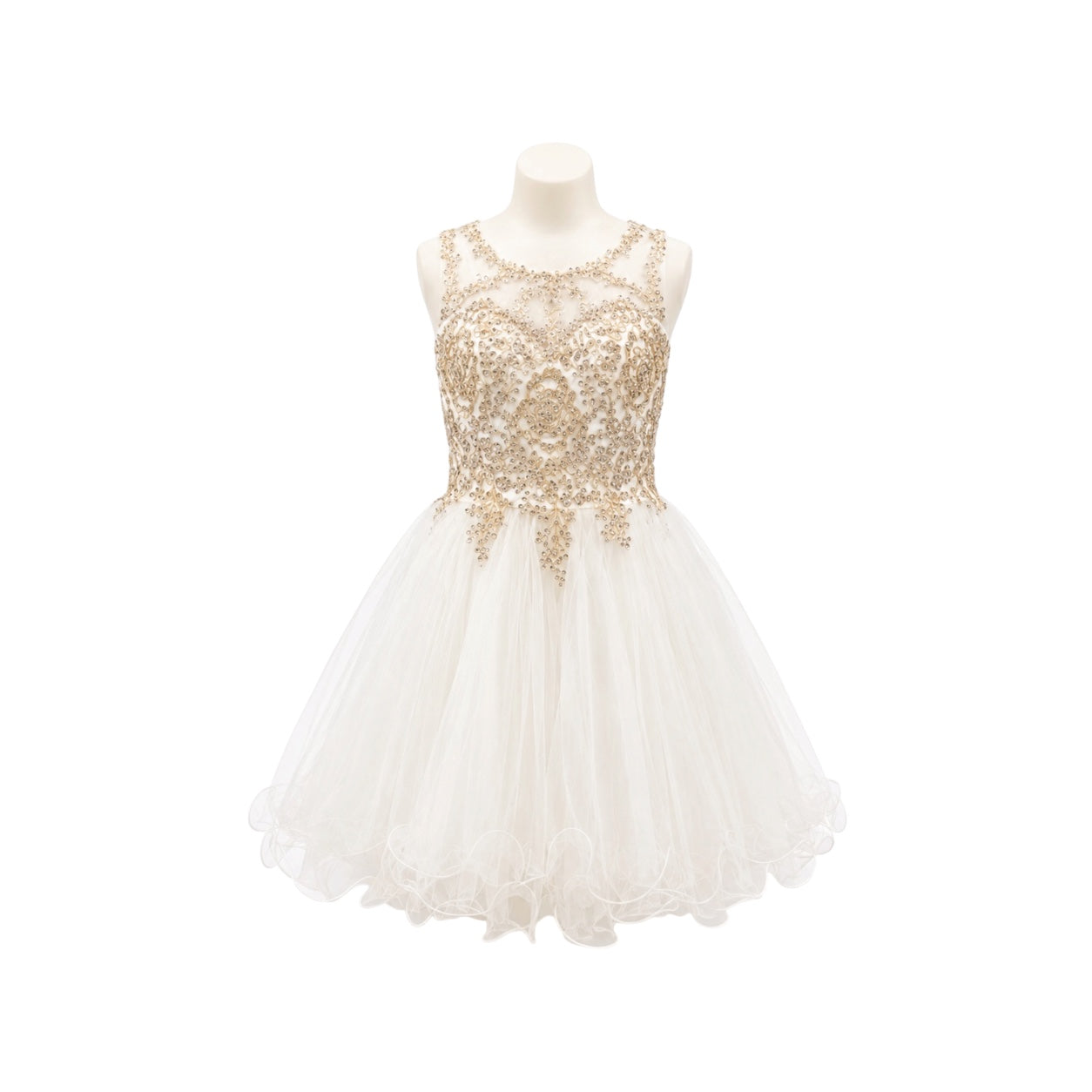 White & Gold Embellished Illusion Jr. Dress with Tulle Skirt (Small)