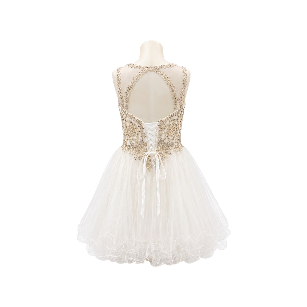 White & Gold Embellished Illusion Jr. Dress with Tulle Skirt (Small)