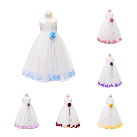 Girls' White Tea-Length Dress with Floating Organza Petals & Rosette Accent