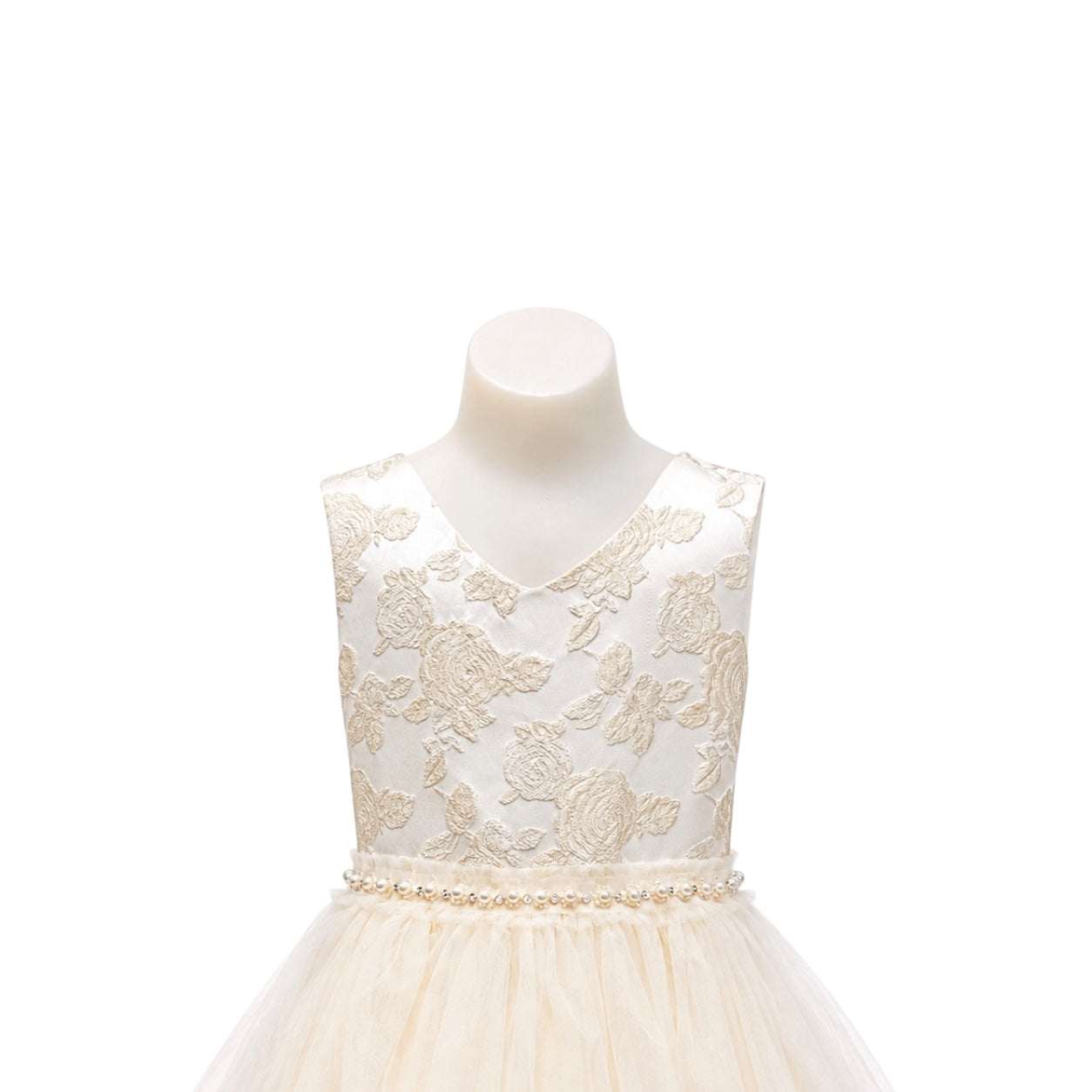 Champagne Floral Embroidered Tiered Tulle Dress with Pearl Waist  (Size 2)