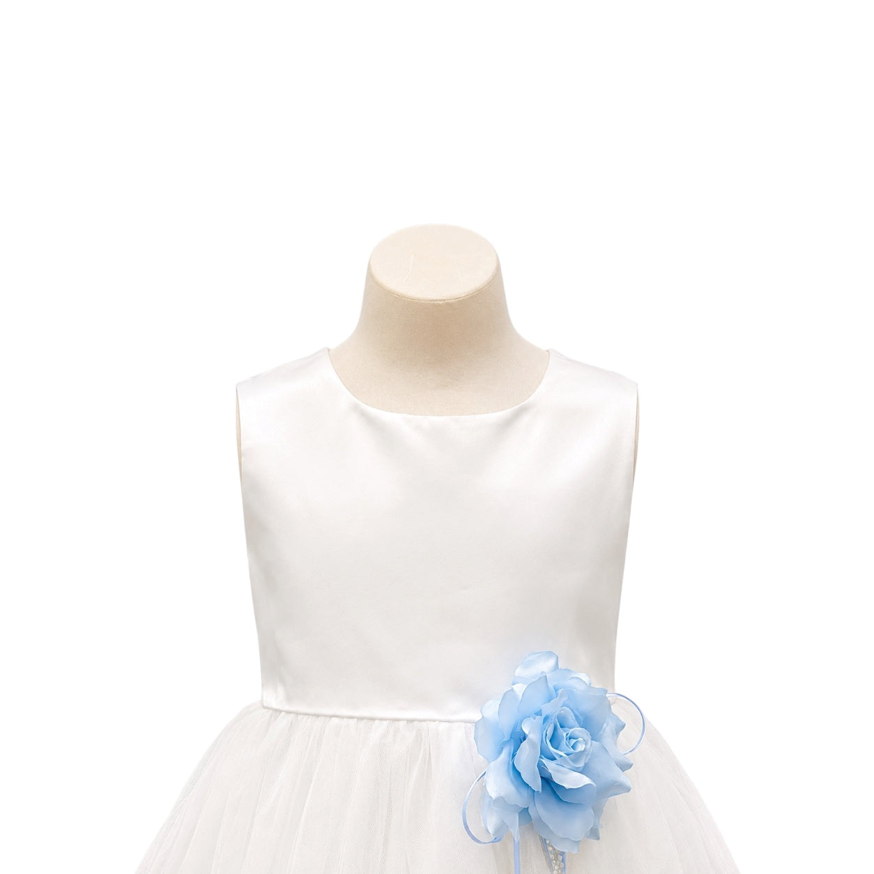 Girls' White Tea-Length Dress with Floating Organza Petals & Rosette Accent