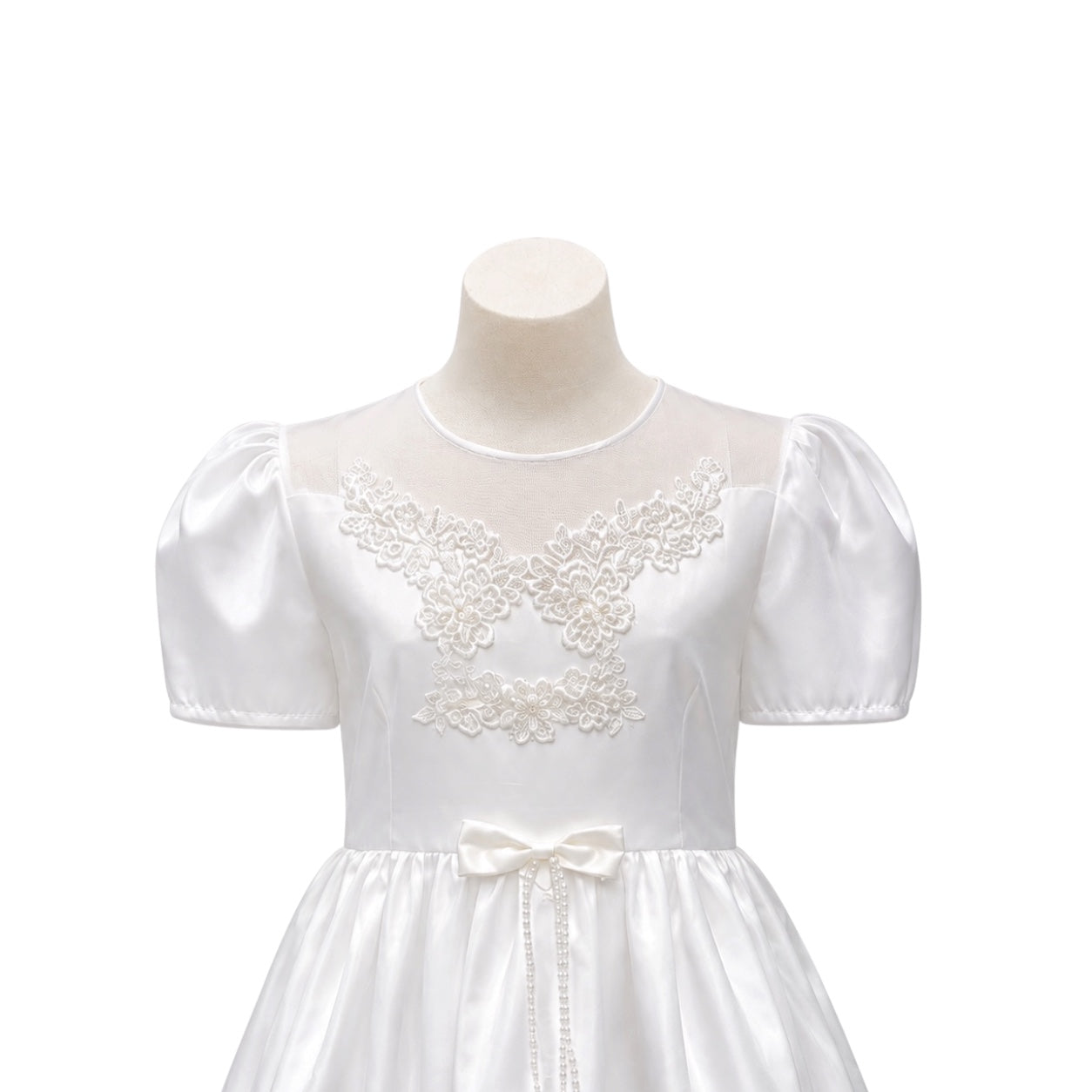 White Satin Puff Sleeve Dress with Embroidered Illusion Bodice & Pearl Bow