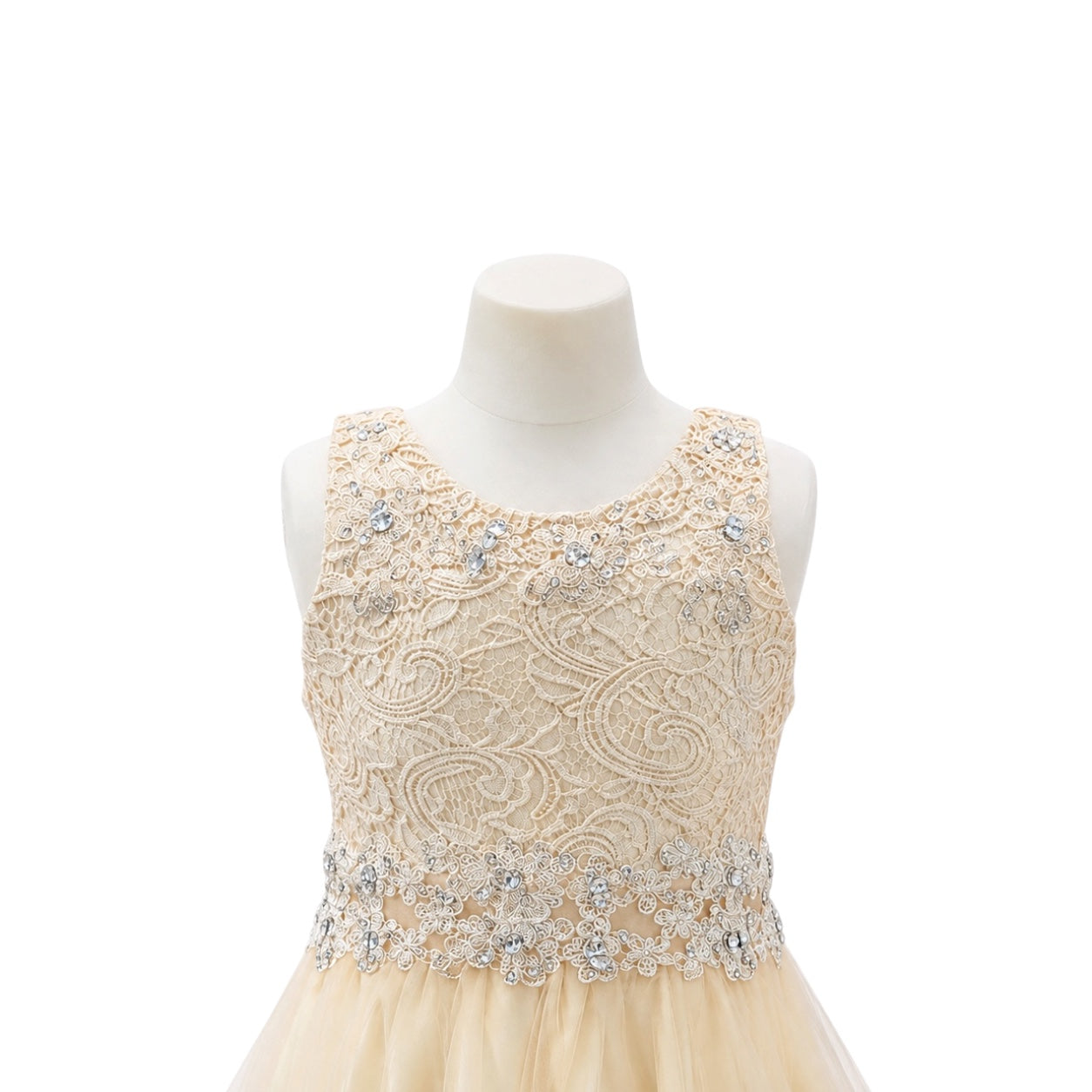 Girls' Champagne Lace & Tulle Dress with Rhinestone Embellishments & Matching Shawl