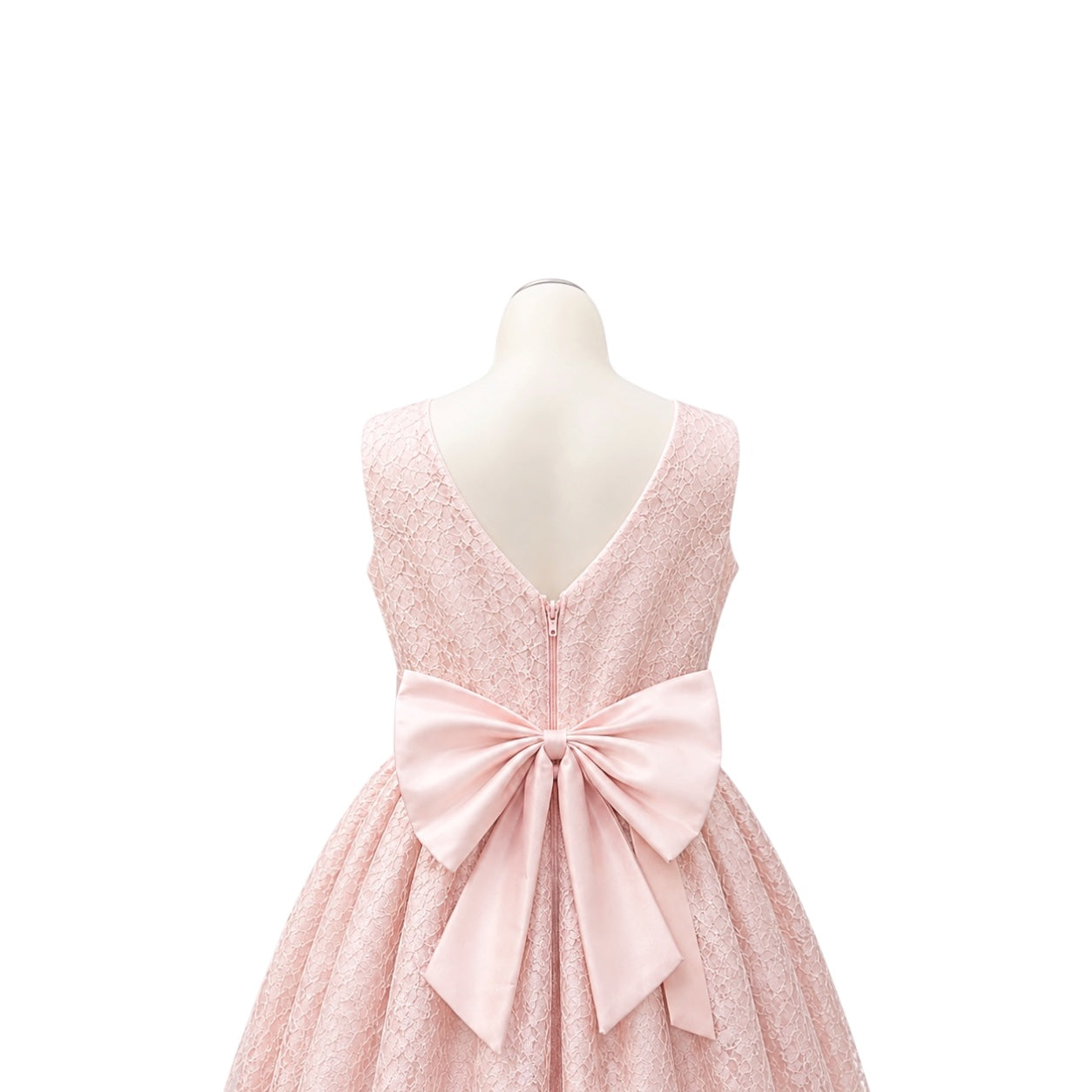 Blush Pink Floral Lace High-Low Girls' Formal Dress with Pearl Waistband & Satin Bow Back (Size 10)