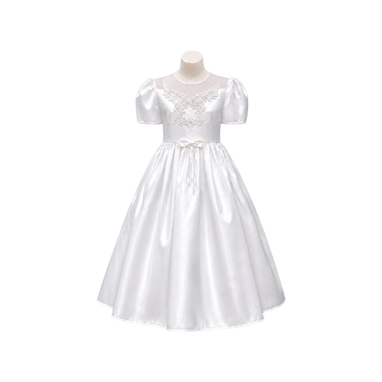 White Satin Puff Sleeve Dress with Embroidered Illusion Bodice & Pearl Bow