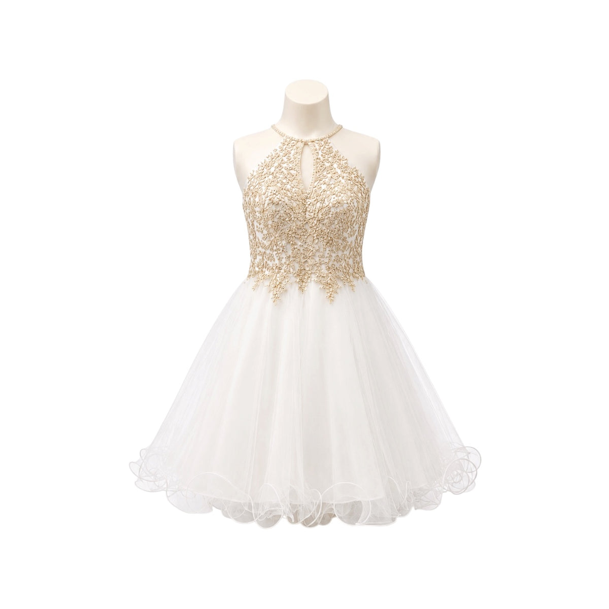 White & Gold Halter Embroidered Jr. Dress with Tulle Skirt (M)